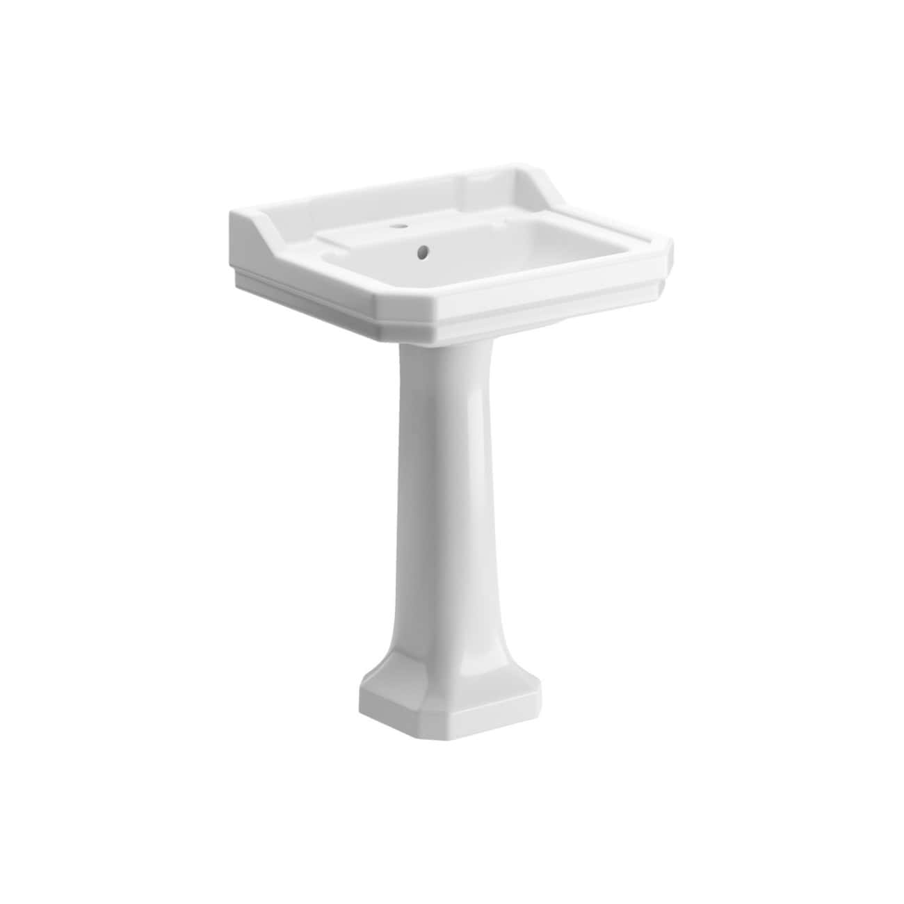 Vintage white bathroom pedestal sink with durable ceramic basin for classic bathroom design. Perfect for traditional or vintage-style bathrooms, offering reliable function and timeless style.