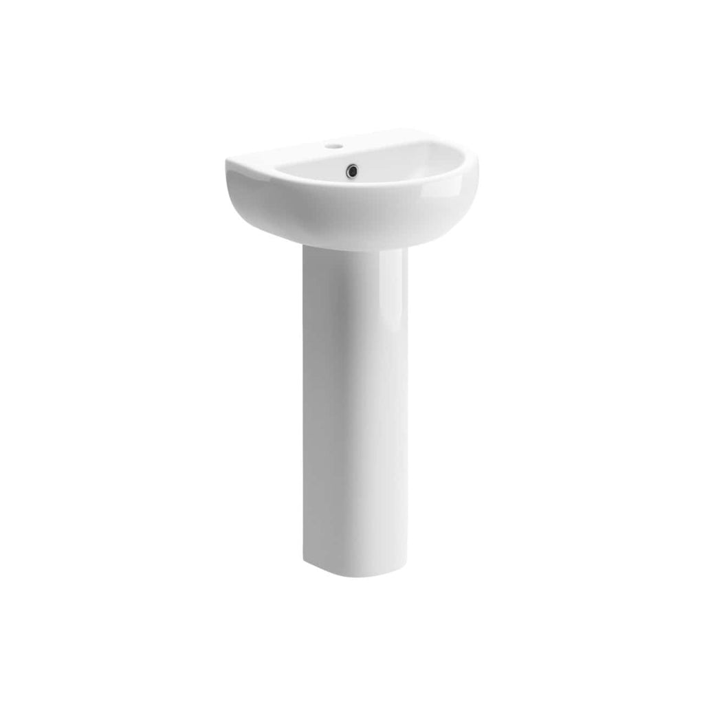 Sleek white bathroom pedestal sink with modern design, ideal for contemporary UK bathrooms, featuring a ceramic basin, single tap hole, and durable finish for hygiene and style.