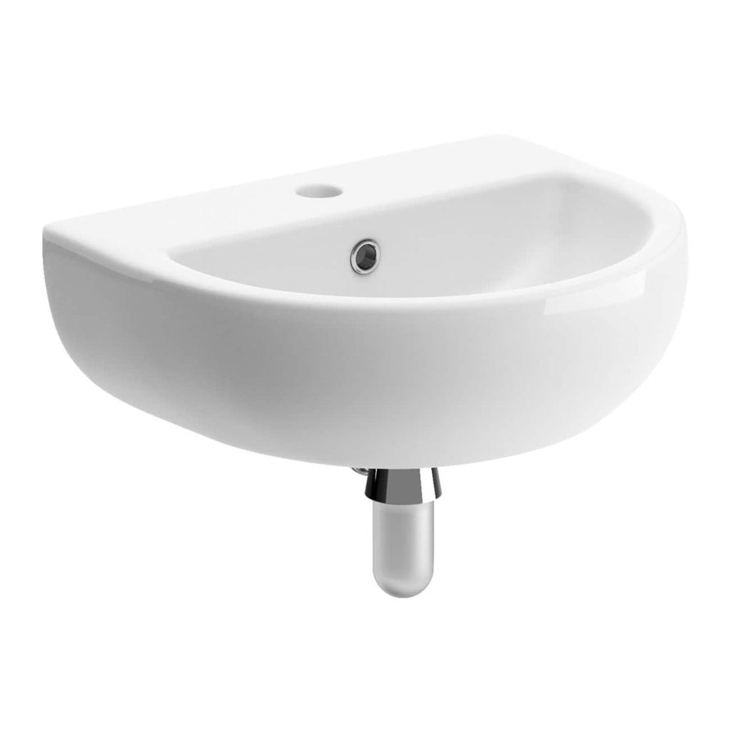 White ceramic bathroom sink with chrome drain and mounting hardware, ideal for modern or contemporary bathroom renovations.