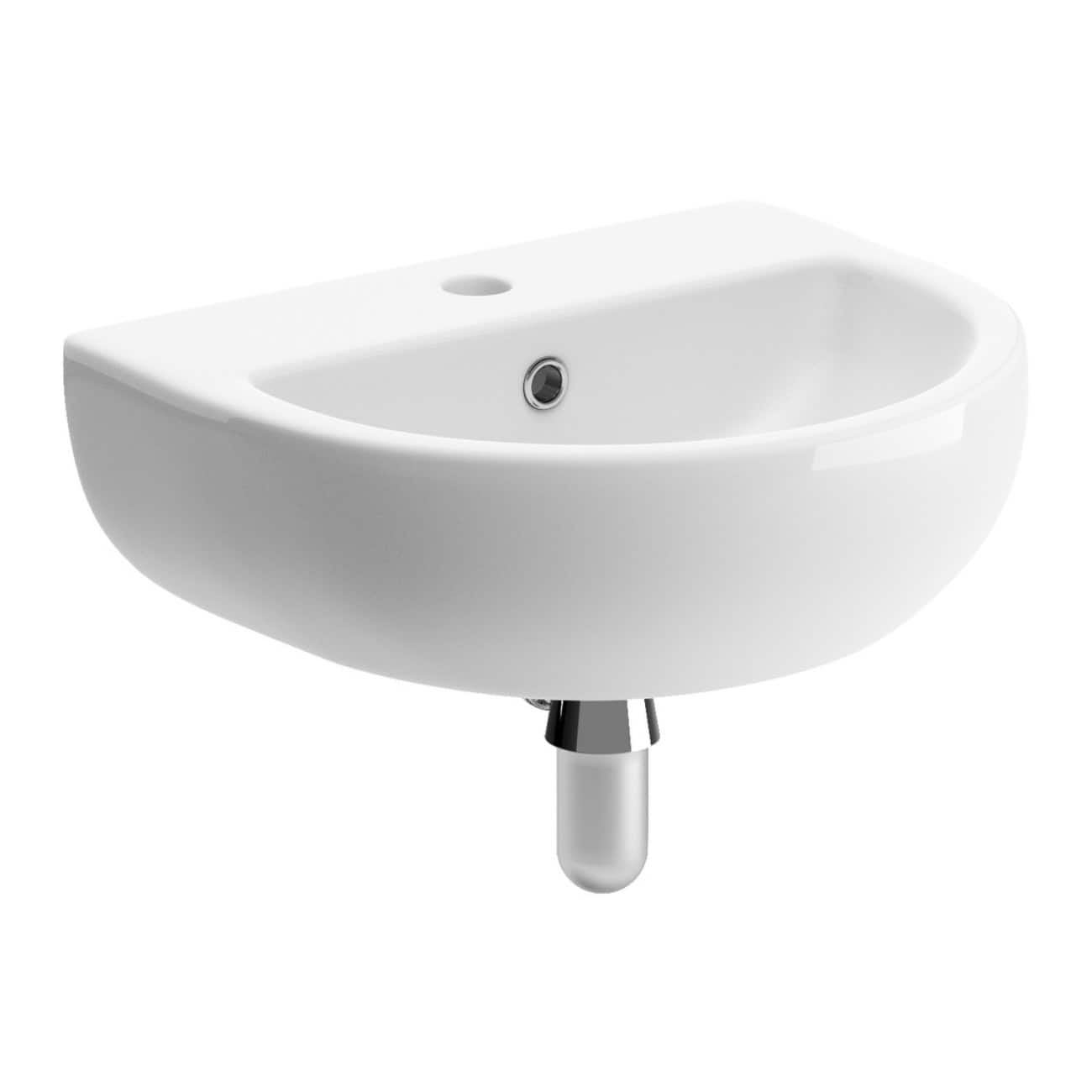 White ceramic bathroom sink with chrome drain and mounting hardware, ideal for modern or contemporary bathroom renovations.