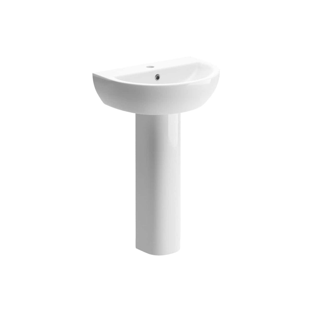 Sleek white pedestal bathroom wash basin with modern minimalist design, ideal for contemporary bathrooms and cloakrooms, featuring a smooth ceramic finish and practical tap hole.