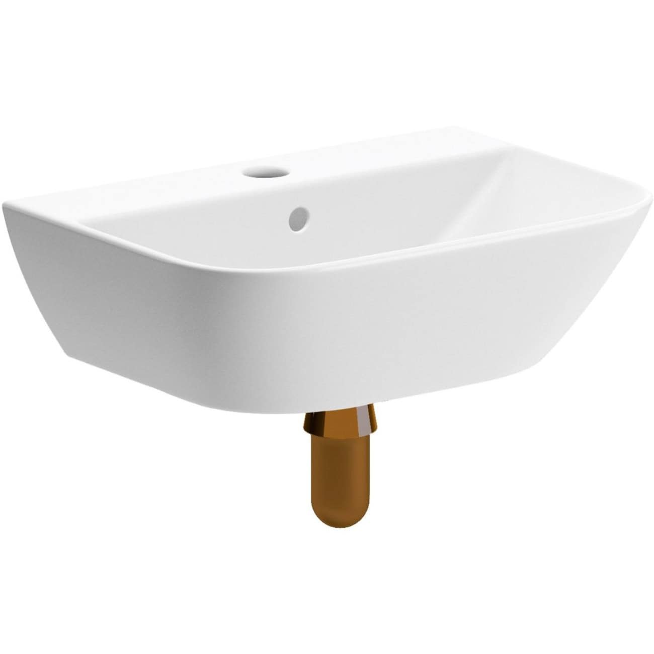 Sleek white wall-mounted bathroom sink with brass pipe fitting, modern design, ideal for contemporary bathrooms, easy to install and clean.