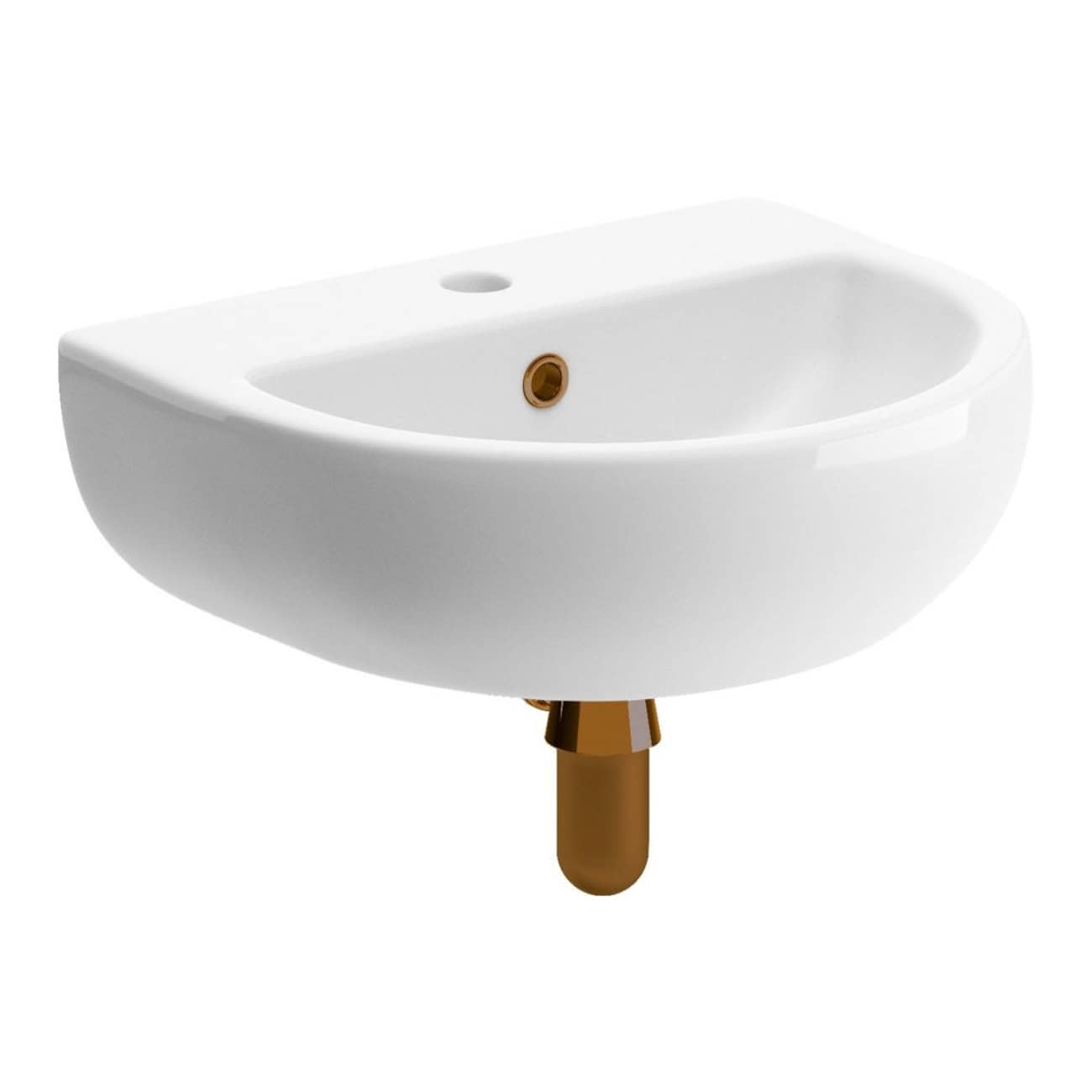 Sleek white bathroom wall-mounted sink with gold fittings, designed for modern bathroom interiors. Durable ceramic material with a minimalist aesthetic. Perfect for contemporary bathroom designs.