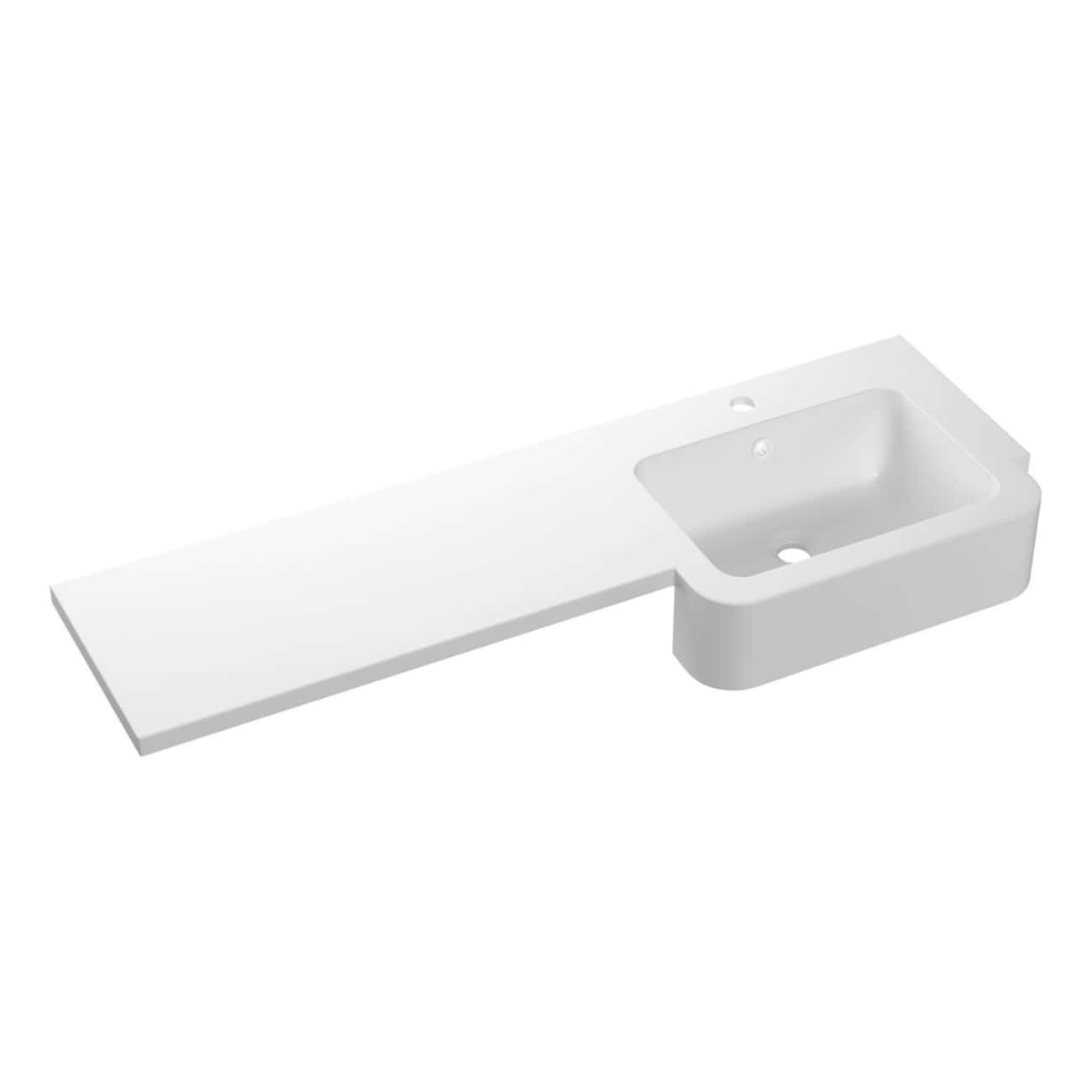 Minimalist white bathroom vanity with integrated sink and spacious countertop, perfect for modern bathroom designs.