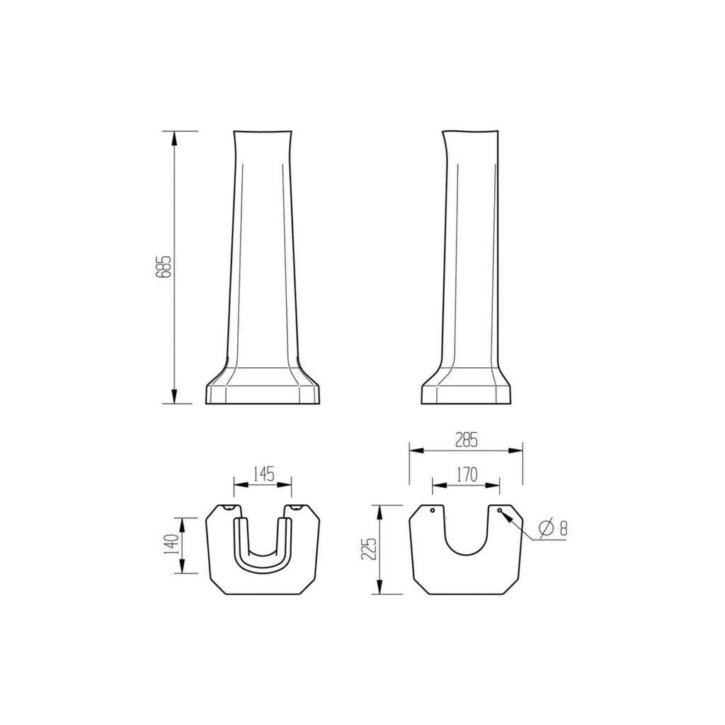 High-quality bathroom pedestal design with detailed technical measurements for modern bathroom renovation. Suitable for seamless installation and space optimisation.