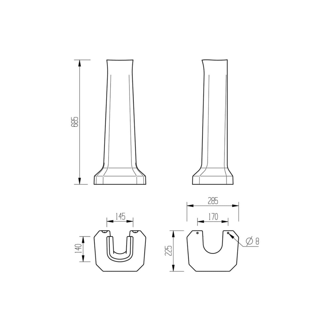 High-quality bathroom pedestal design with detailed technical measurements for modern bathroom renovation. Suitable for seamless installation and space optimisation.