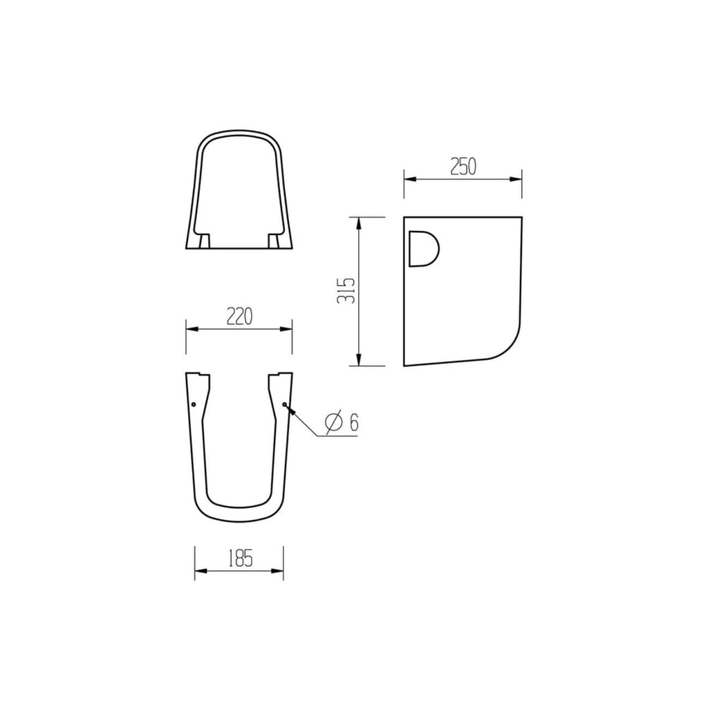 Outline drawing of a modern bathroom toilet with detailed dimensions, ideal for bathroom design and installation. Includes top, side, and front views with measurements for accurate fitting.