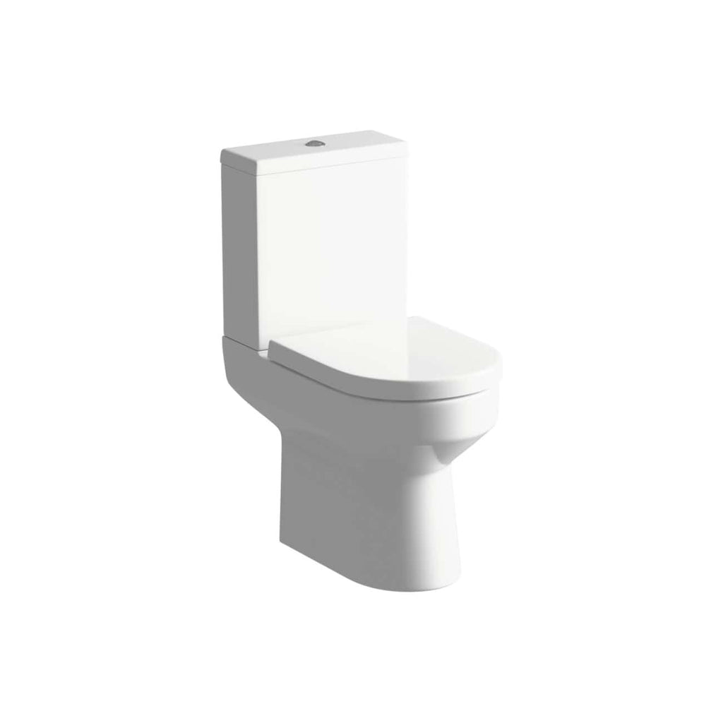Modern white close-coupled toilet with dual flush mechanism, ideal for contemporary bathroom renovations and eco-friendly water saving solutions. Suitable for residential and commercial bathrooms.