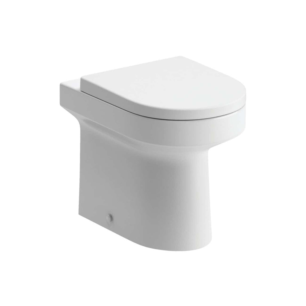 Sleek modern white toilet with soft-close lid, ideal for contemporary bathroom design and hygiene; high-quality ceramic, space-saving compact style.