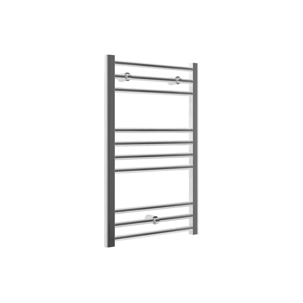 Polished stainless steel bathroom towel radiator with multiple bars, ideal for heating and drying towels in modern bathrooms. Durable design enhances bathroom decor with efficient heat output.