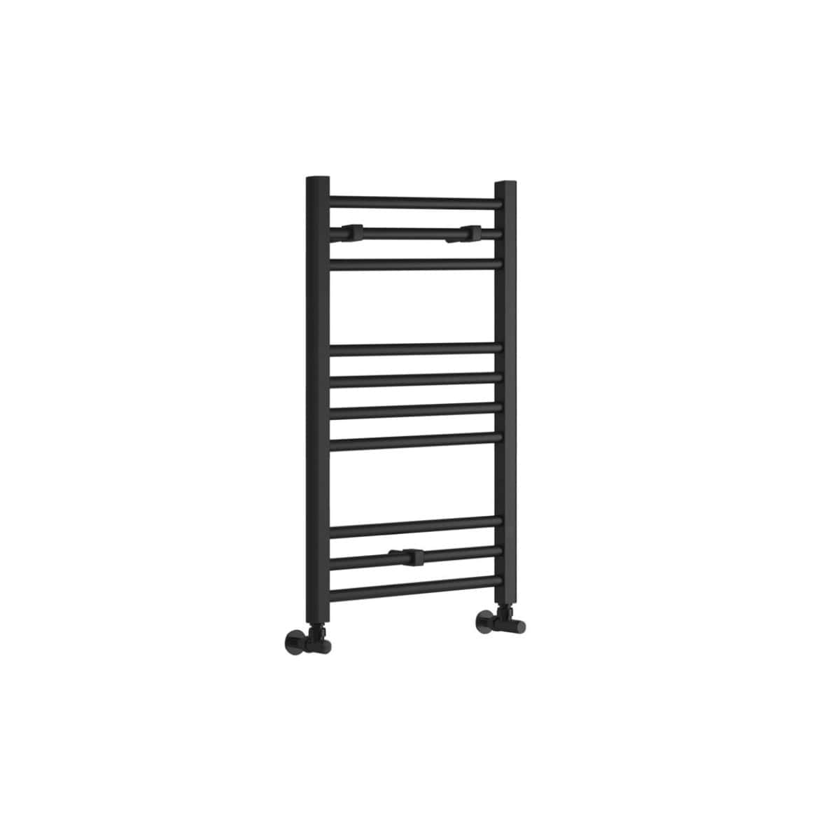 Black heated towel rail for bathrooms with multiple bars, modern design, and easy wall-mounted installation from Bubly Bathrooms.