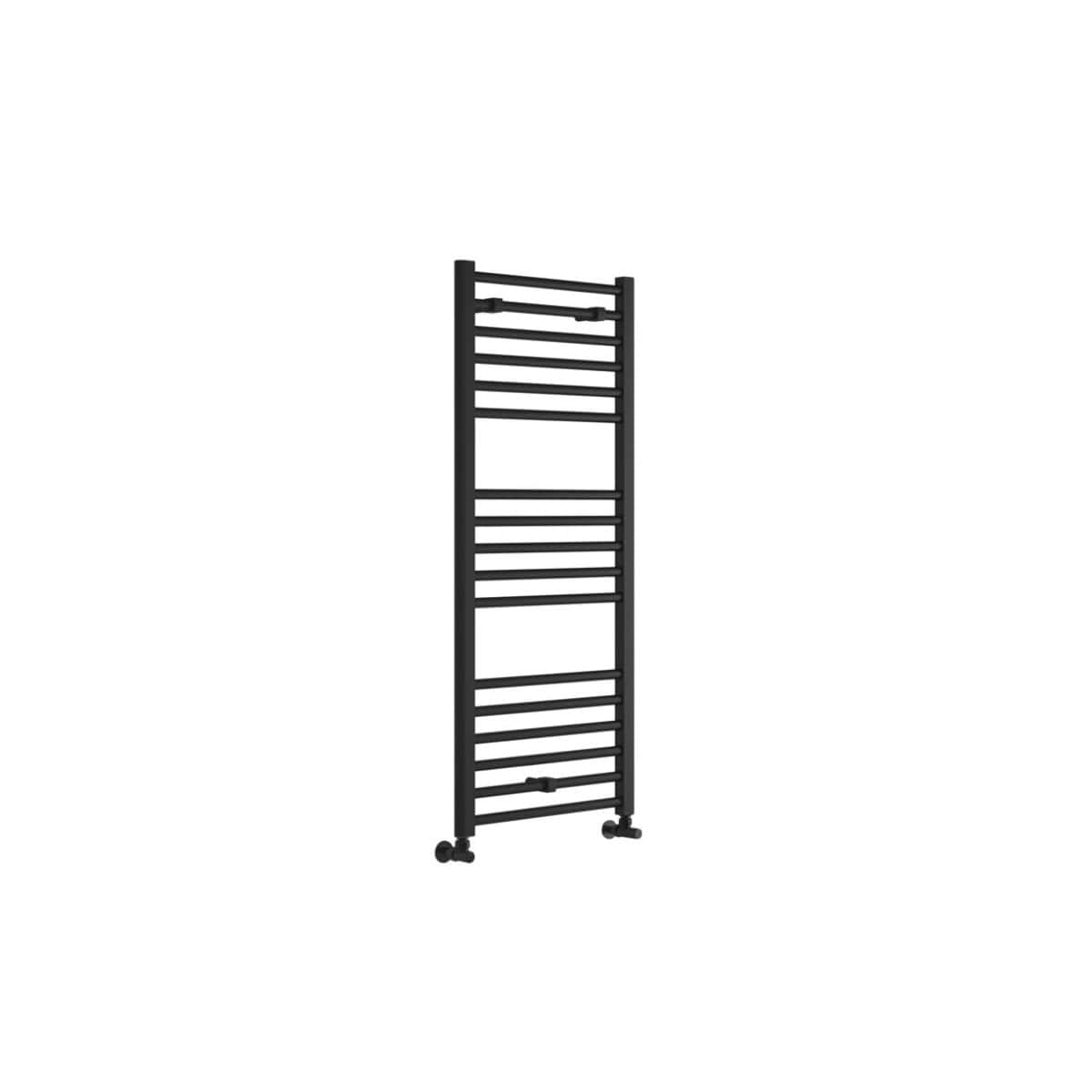 Black heated towel rail for bathroom radiator and drying solutions, featuring multiple bars for towels and easy wall mounting. Durable alloy construction with modern black finish.