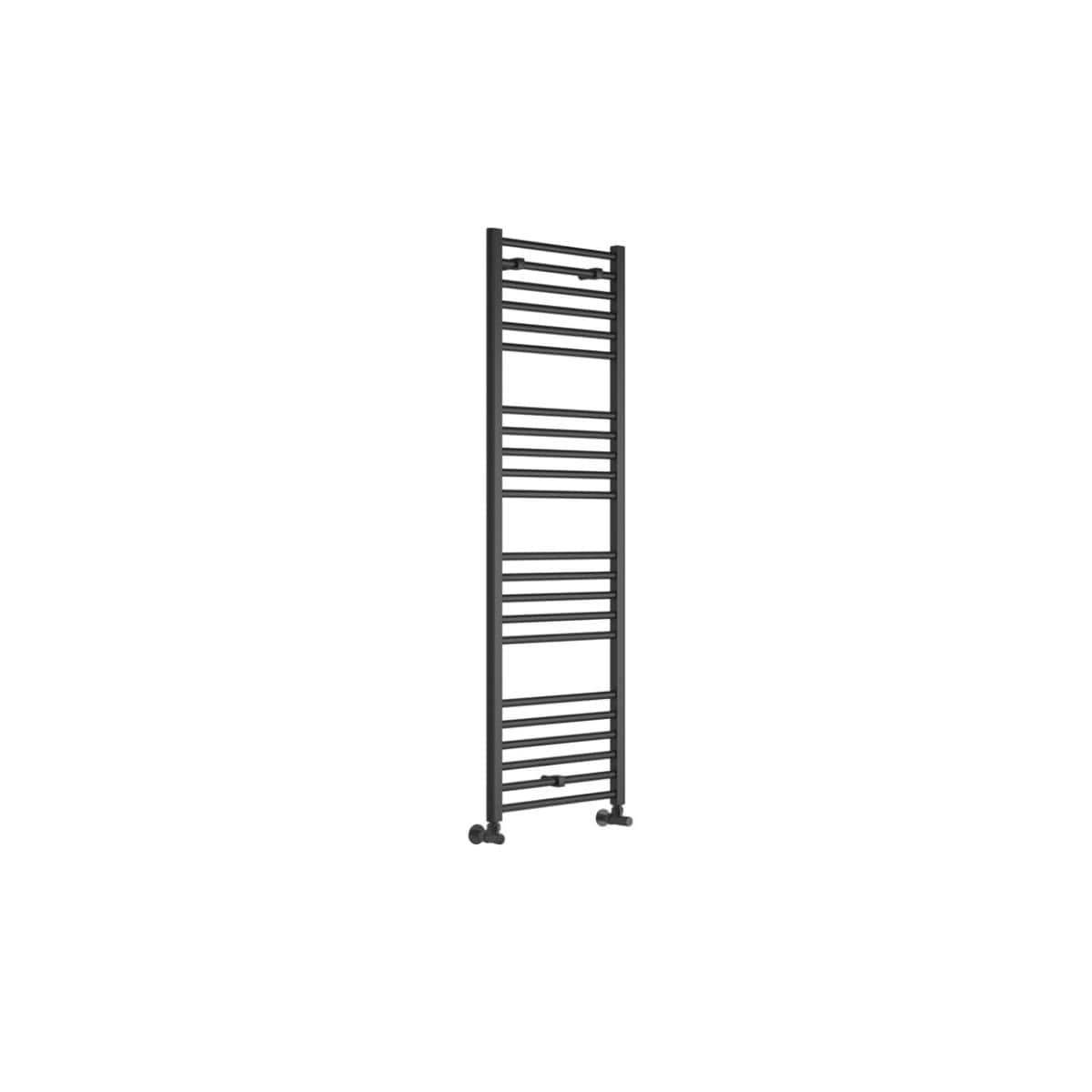 Black heated towel rail, modern radiator for bathrooms, wall-mounted bathroom towel warmer, sleek black finish, space-saving design for luxurious bathroom heating.