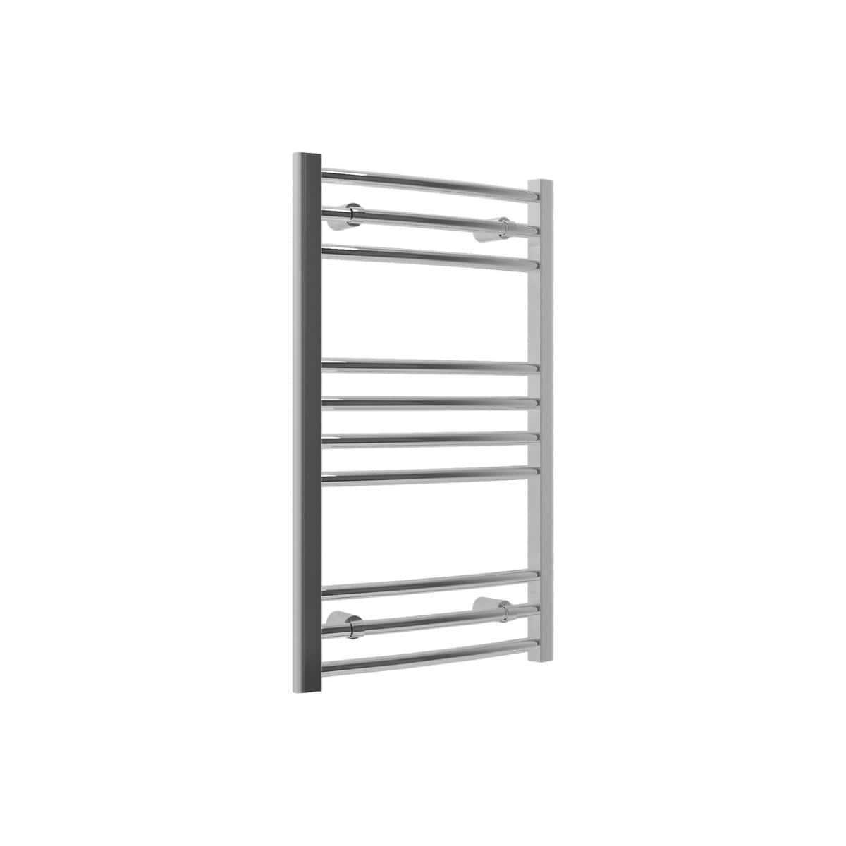 Chrome towel radiator for bathroom heating and drying towels, modern design, wall-mounted towel warmer, durable stainless steel construction, ideal for contemporary bathrooms.
