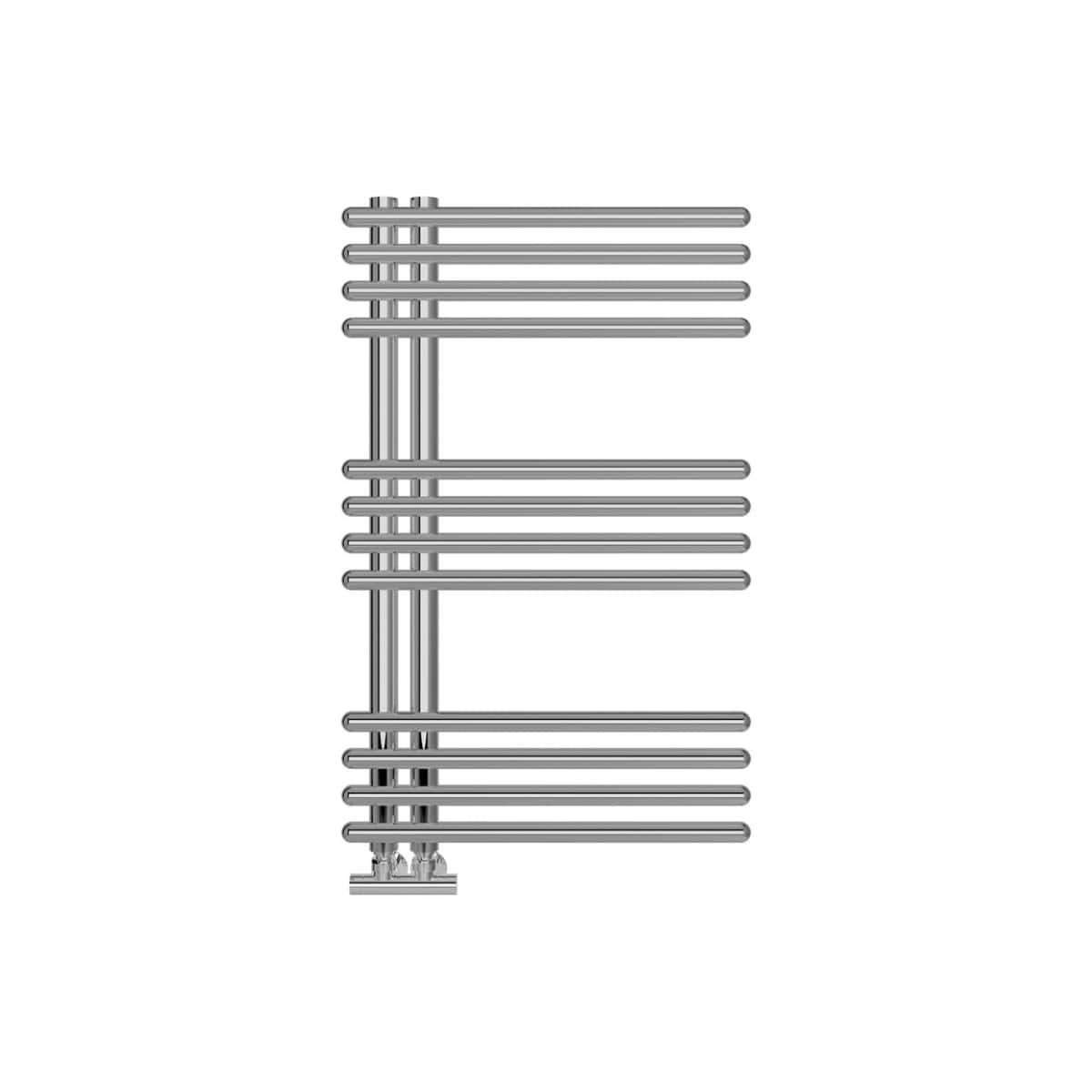 Polished stainless steel towel radiator, modern bathroom heating solution, stylish and functional towel warmer, perfect for contemporary bathroom designs. Ideal for providing cosy warmth and drying towels efficiently.