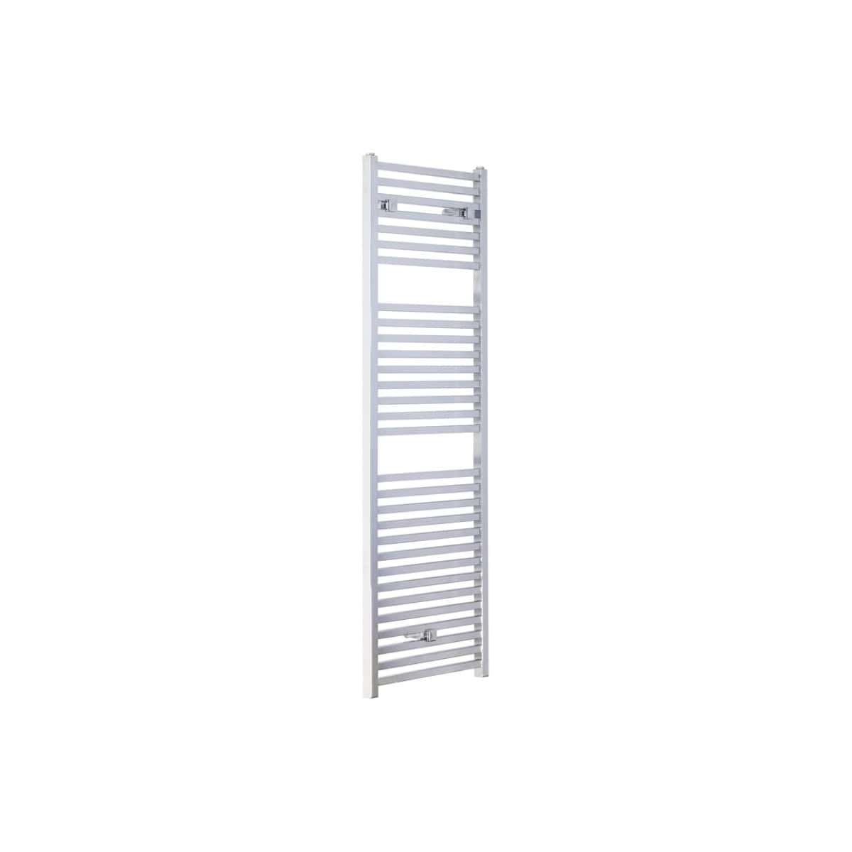 High-quality white heated towel rail radiator, ideal for bathroom heating and drying towels, with sleek modern design, wall-mounted installation, and durable construction. Perfect for stylish, functional bathroom setups.