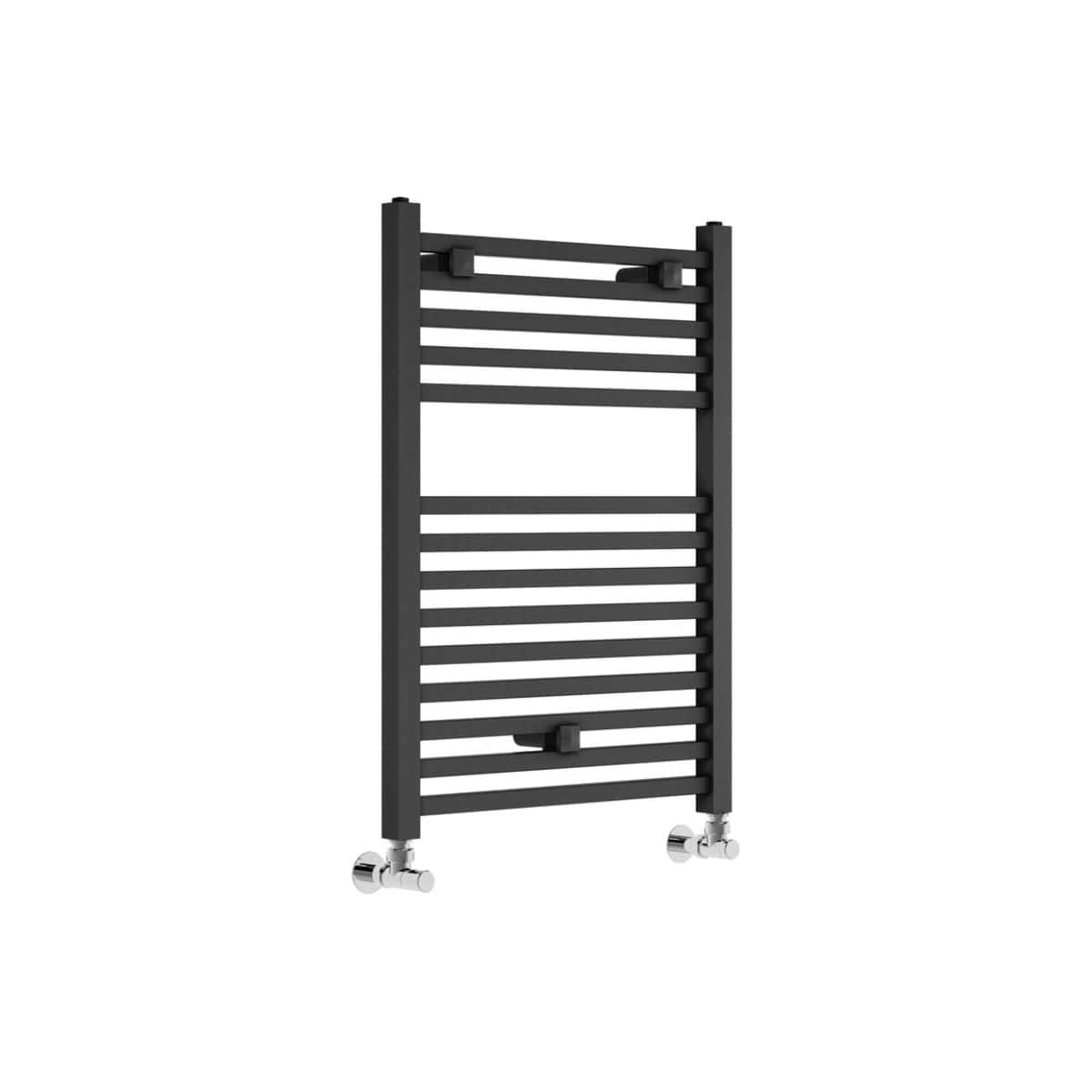 Black towel radiator, modern heated towel rail for bathroom heating, with chrome fixings and mobility wheels, ideal for contemporary bathroom designs and efficient warmth.