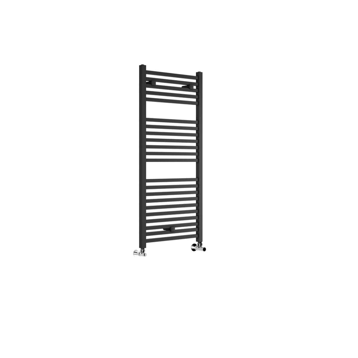 Elegant black towel radiator for bathroom heating and towels drying, featuring modern design with horizontal bars and castor wheels for mobility. Perfect for contemporary bathroom interiors.