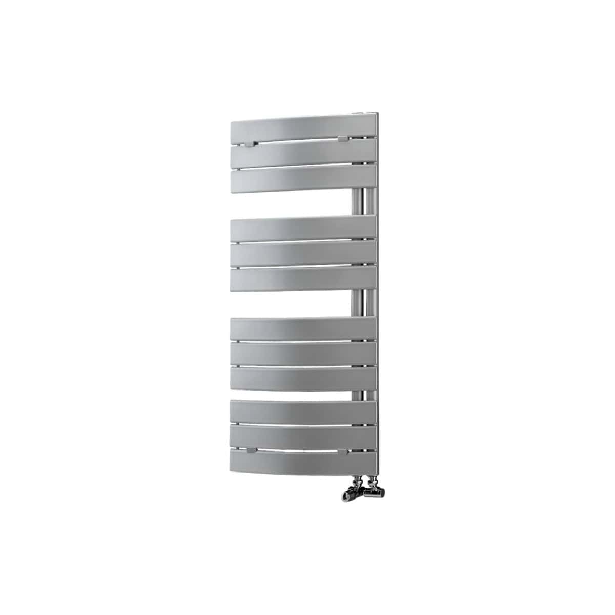 Stylish modern heated towel radiator in sleek silver finish, ideal for contemporary bathrooms, offering efficient warmth and towel drying. Perfect for enhancing bathroom comfort and aesthetics.