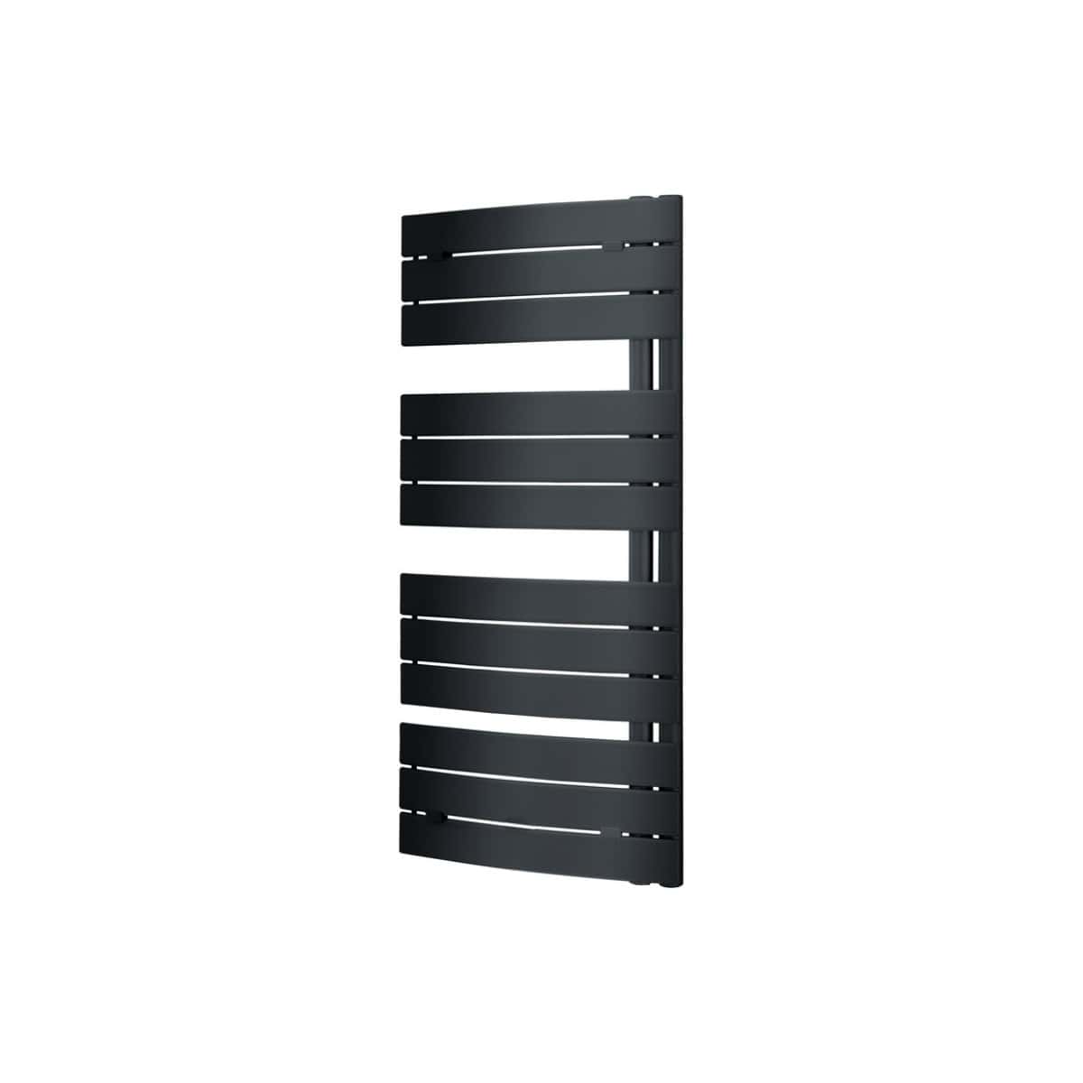 Sleek black heated towel rail, modern bathroom radiator with horizontal bars, ideal for drying towels and adding warmth to your bathroom space. Perfect for contemporary bathroom designs.