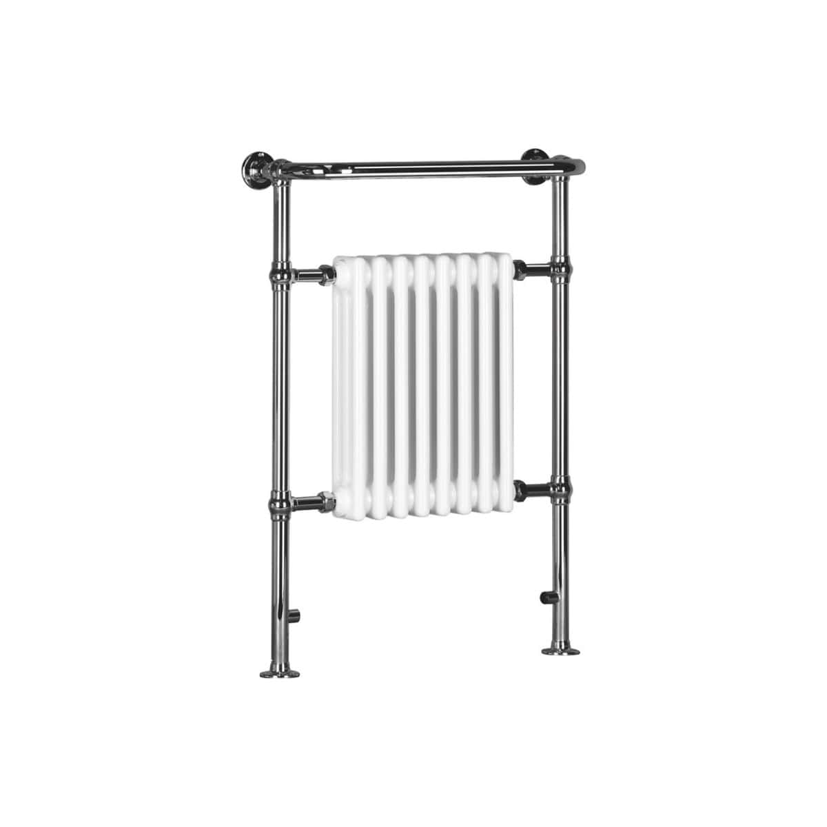 Elegant chrome towel radiator with white heating elements, designed for modern bathrooms and heated towel rail solutions.