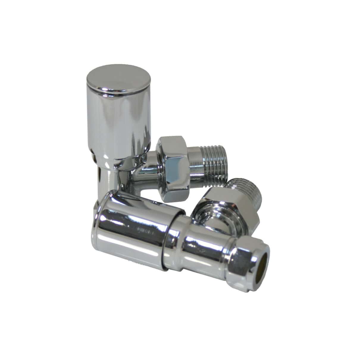 Chrome bathroom radiator valves set, essential plumbing fittings for Bubly Bathrooms. Durable, stylish, perfect for radiator control and optimisation.