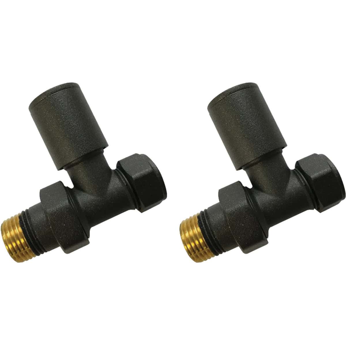 High-quality black plastic radiator valves with brass fittings, ideal for bathroom heating systems, compatible with Bubly Bathrooms' plumbing solutions for efficient water control.