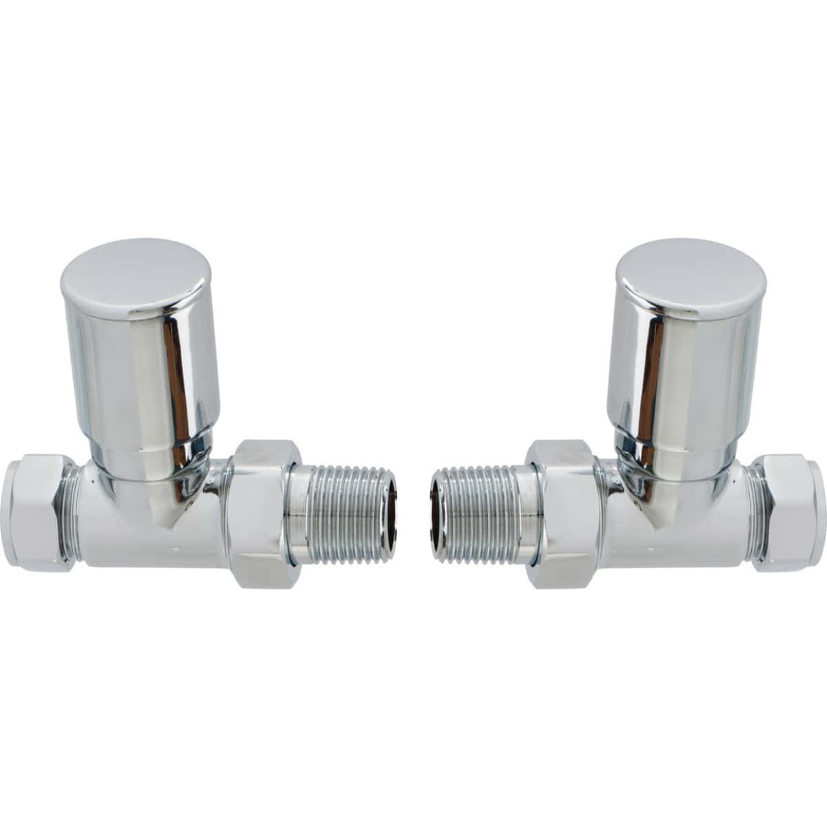Shiny chrome radiator valve connectors for bathroom heating systems, ideal for modern Bubly bathrooms. Precision-engineered pipe fittings for easy installation and reliable performance.