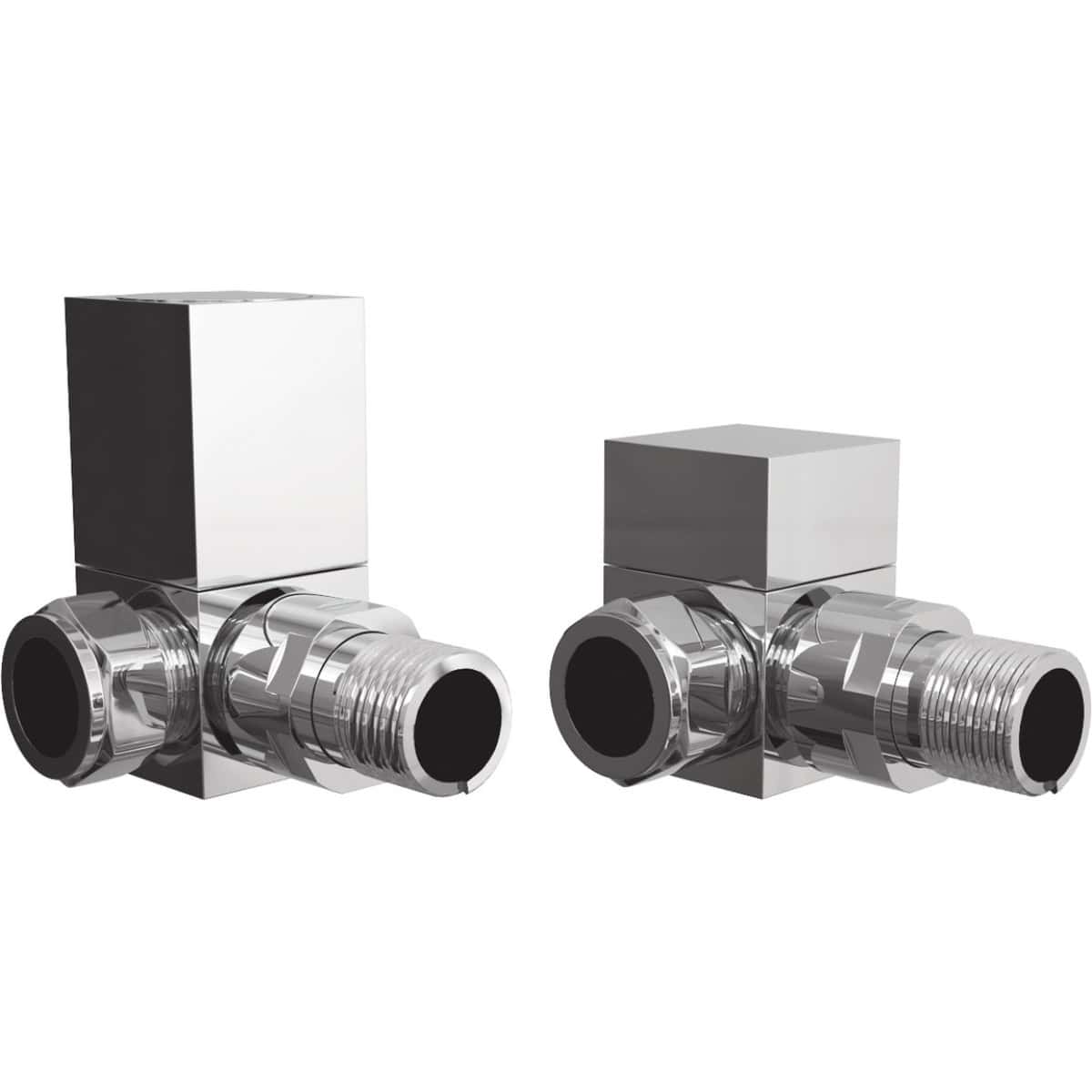Brass radiator valve set, chrome finish, thermostatic decorative valve for heating control, ideal for modern bathrooms and radiator installation.
