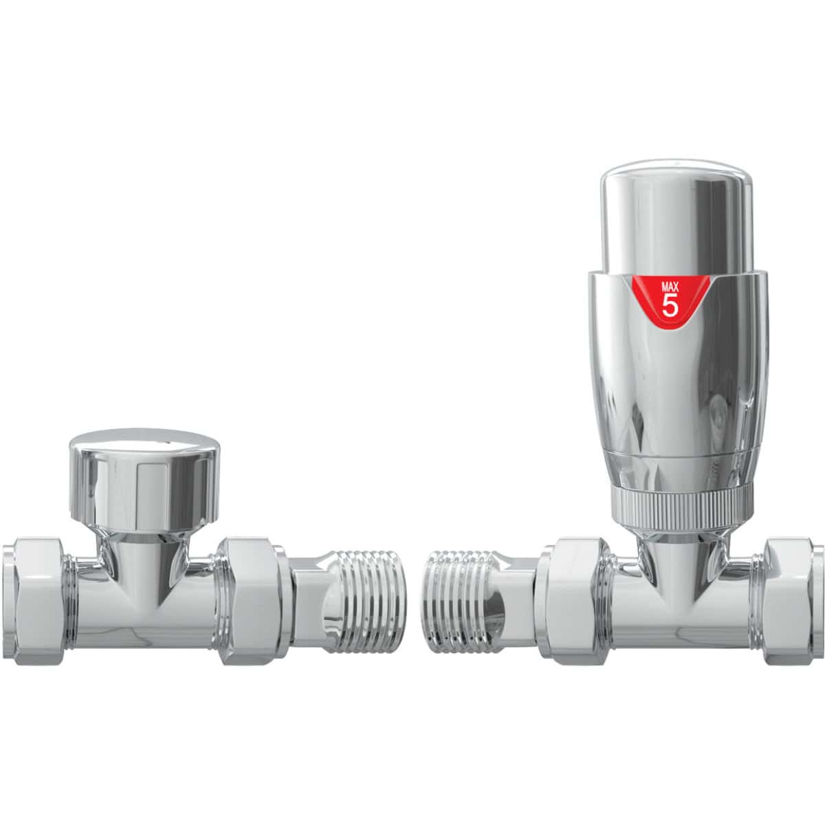 Chrome bathroom radiator valves and thermostatic control valve, modern plumbing fixtures for heating systems, high-quality bathroom accessories, and efficient radiator control.