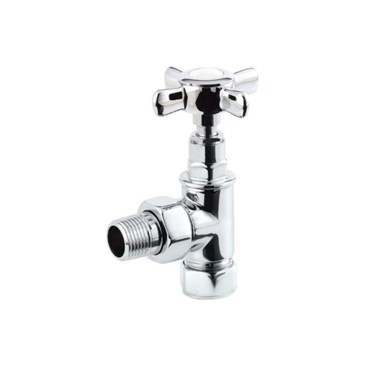 Shiny chrome bathroom tap connector with cross handle for water supply, ideal for kitchen sinks or bathroom fixtures. Durable and easy to install, perfect for modern bathroom renovations.