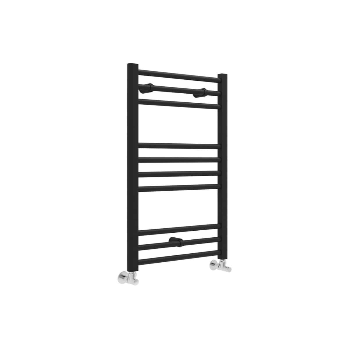 Sleek black towel radiator with multiple bars, perfect for modern bathrooms. Durable steel construction, wall-mounted design, and easy to install. Ideal for heating and drying towels efficiently.