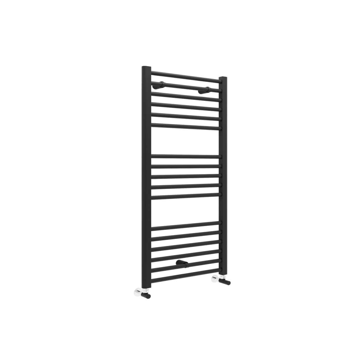 Slim black bathroom towel radiator with multiple horizontal bars, adjustable temperature controls, and caster wheels for easy mobility, perfect for modern bathroom heating and drying needs.