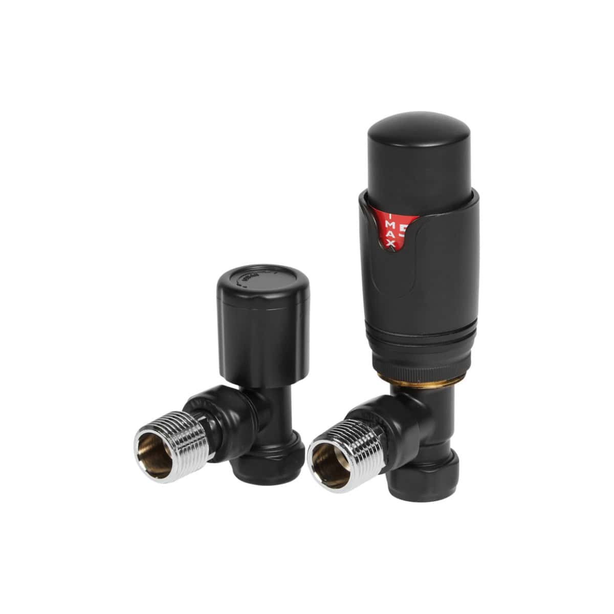 Magnetic radiator valves set for bathroom heating control, black finish with chrome fittings, ideal for modern bathroom radiator system upgrades.