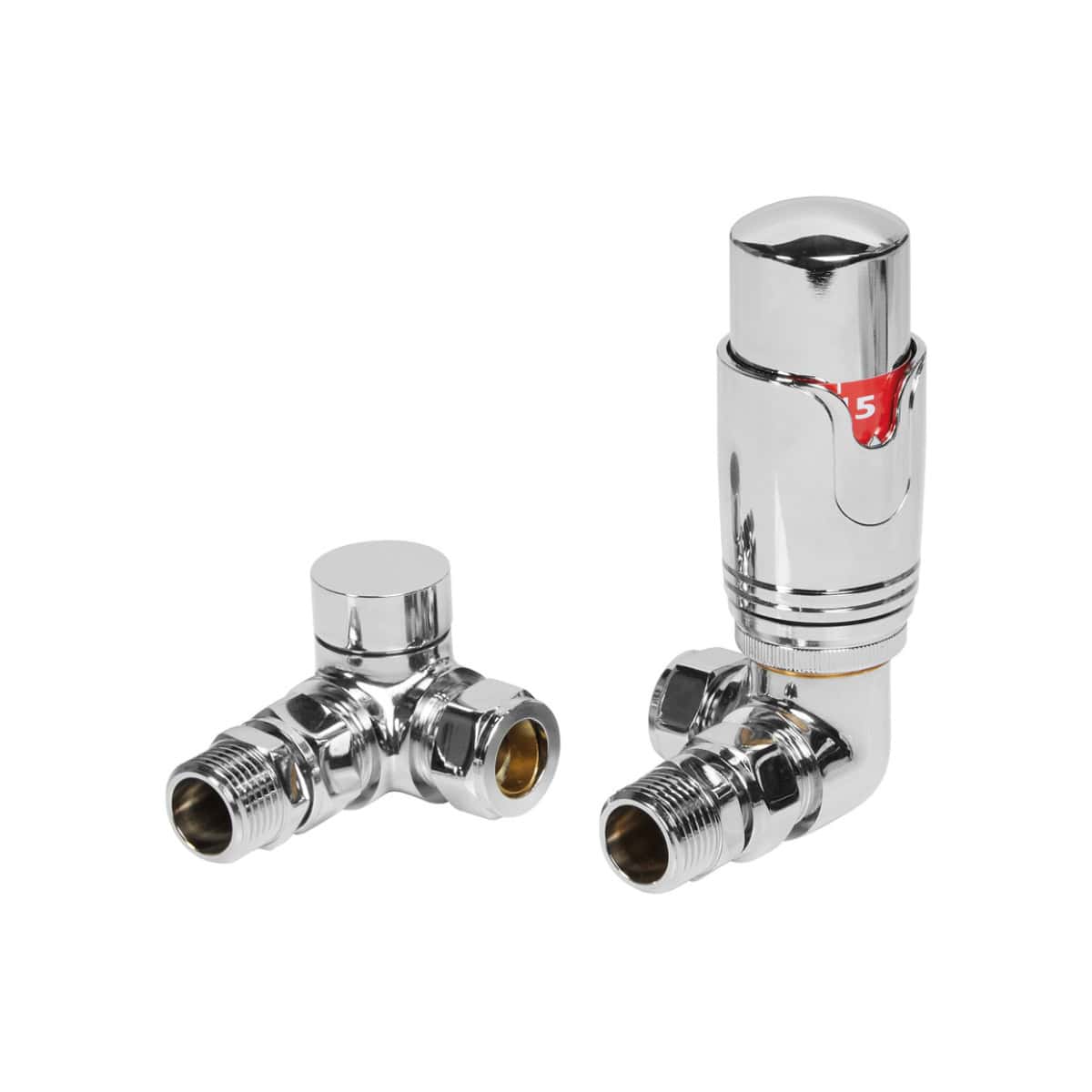Shiny chrome thermostatic radiator valves and fittings for elegant and efficient bathroom heating control. Ideal for modern bathroom installations with sleek design and reliable performance.