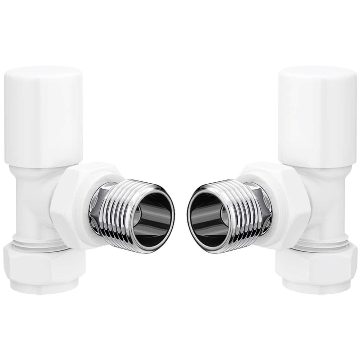 Brass radiators valves with white plastic handles, compatible with central heating systems, designed for installing and controlling radiator temperature, part of Bubly Bathrooms' plumbing supplies.