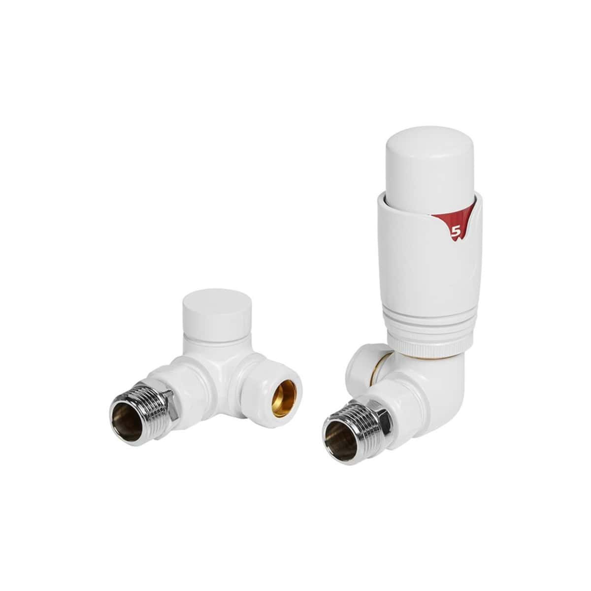 Modern white radiator thermostatic valve and lockshield valve set, ideal for bathroom heating control, with durable brass and plastic components for easy installation and efficient temperature regulation in bathrooms.