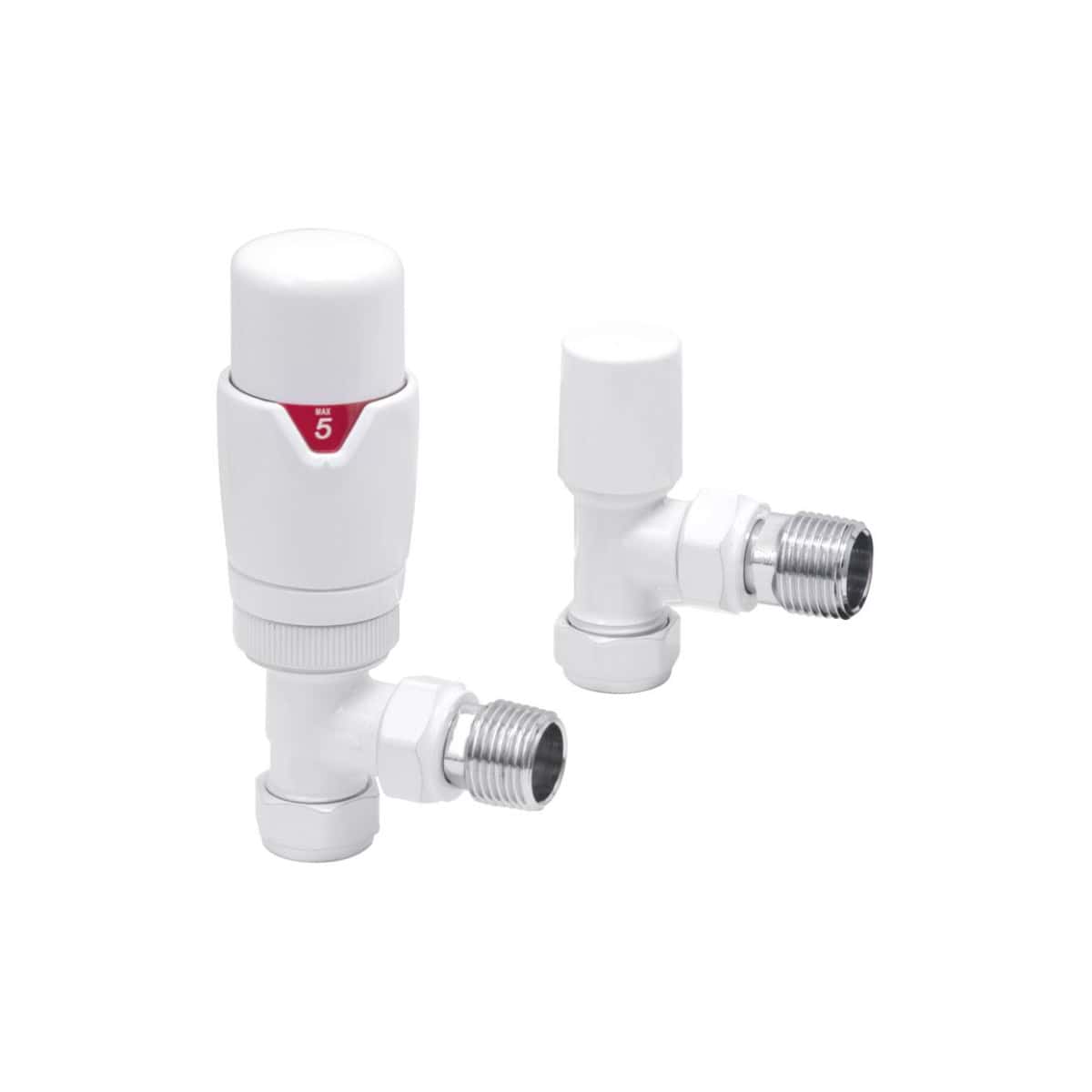 High-quality white thermostatic radiator valves for efficient bathroom heating and radiator control, compatible with Bubly Bathrooms installations, ensuring reliable and easy-to-use temperature regulation.