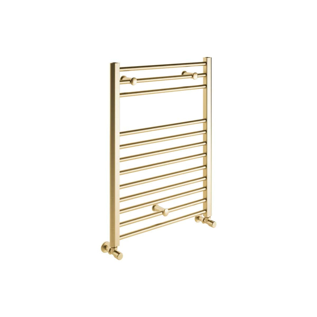Polished gold towel radiator, modern heated towel rail for luxury bathrooms, wall-mounted design, energy-efficient, perfect for drying towels and adding warmth to your bathroom space.