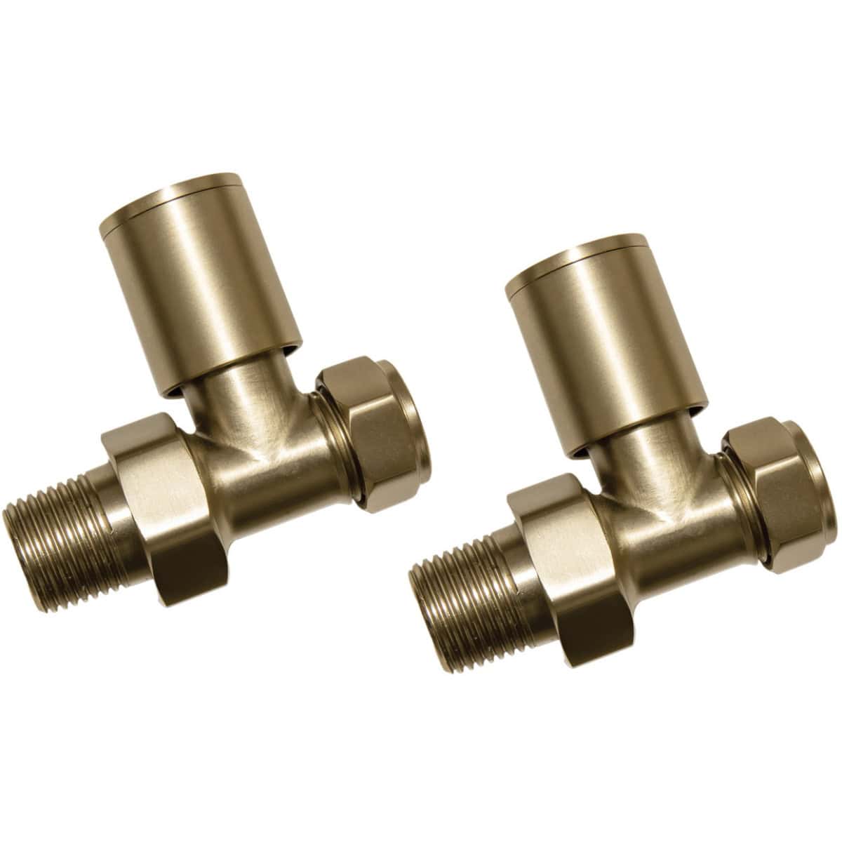 Brass radiator valves for bathroom heating systems, ideal for ensuring efficient water flow control in modern bathroom designs. Perfect for bathroom plumbing and radiator installation.