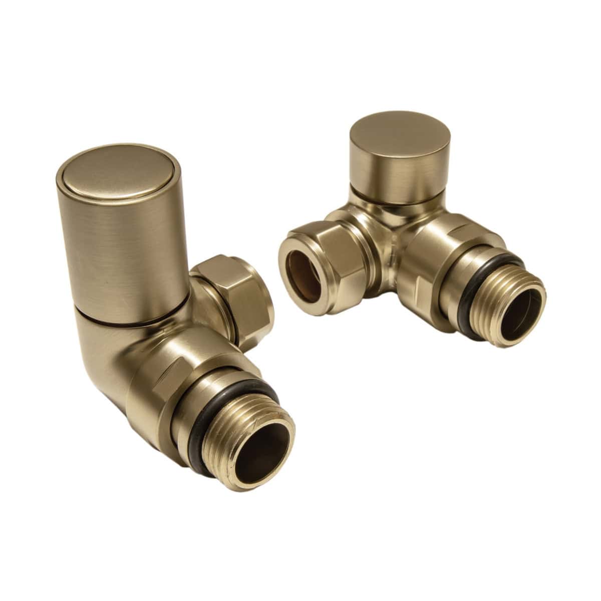 High-quality brass radiator valves with a sleek brushed gold finish, perfect for modern bathroom heating systems and radiator installation, ensuring durability and style.