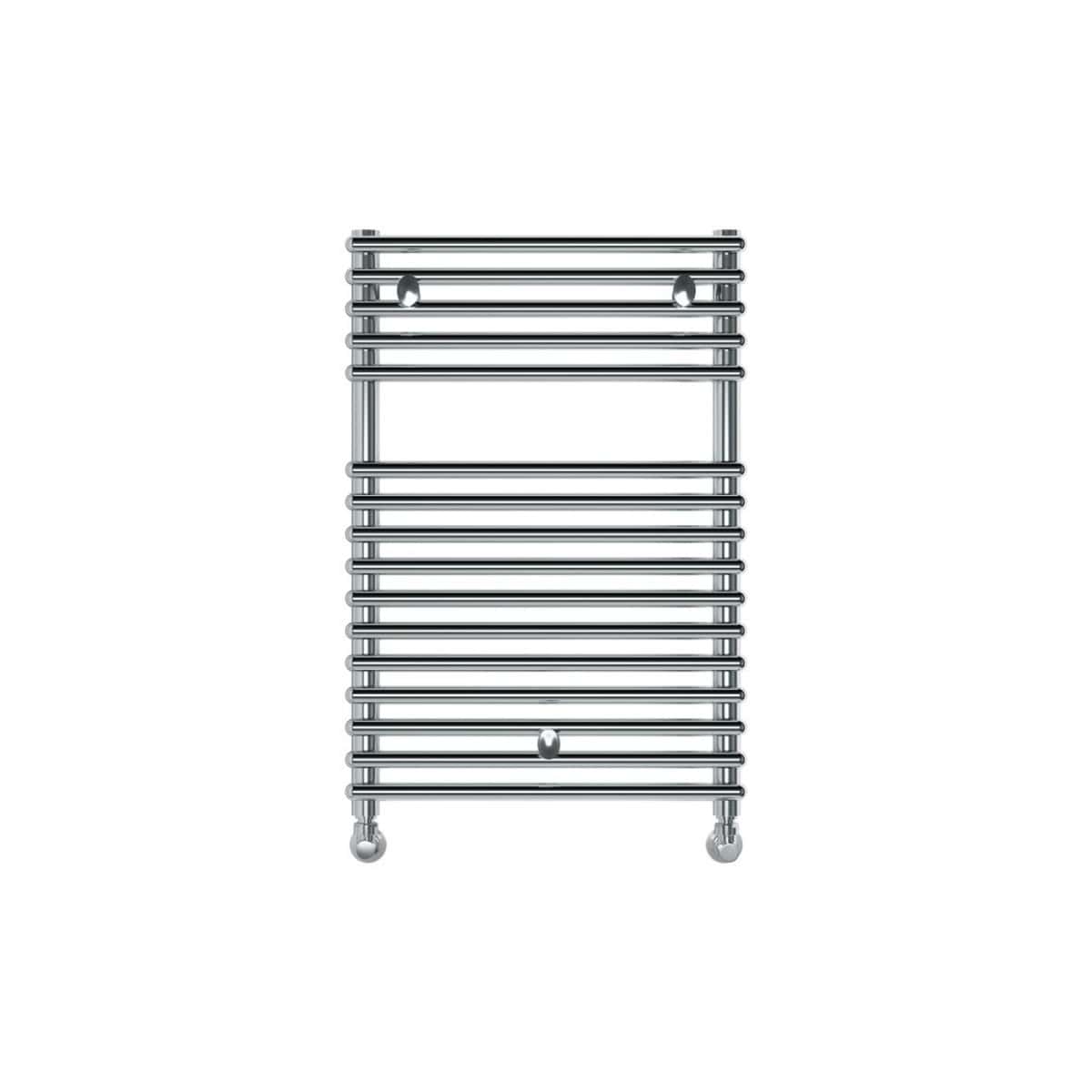 Shiny chrome towel radiator with multiple horizontal bars, ideal for modern bathrooms, providing efficient heating and stylish design. Perfect for hanging towels and enhancing bathroom decor.