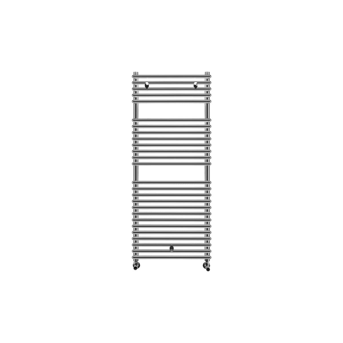 Polished chrome heated towel rail radiator, modern design, wall-mounted bathroom heating solution, ideal for cosy towels, available at Bubly Bathrooms UK.