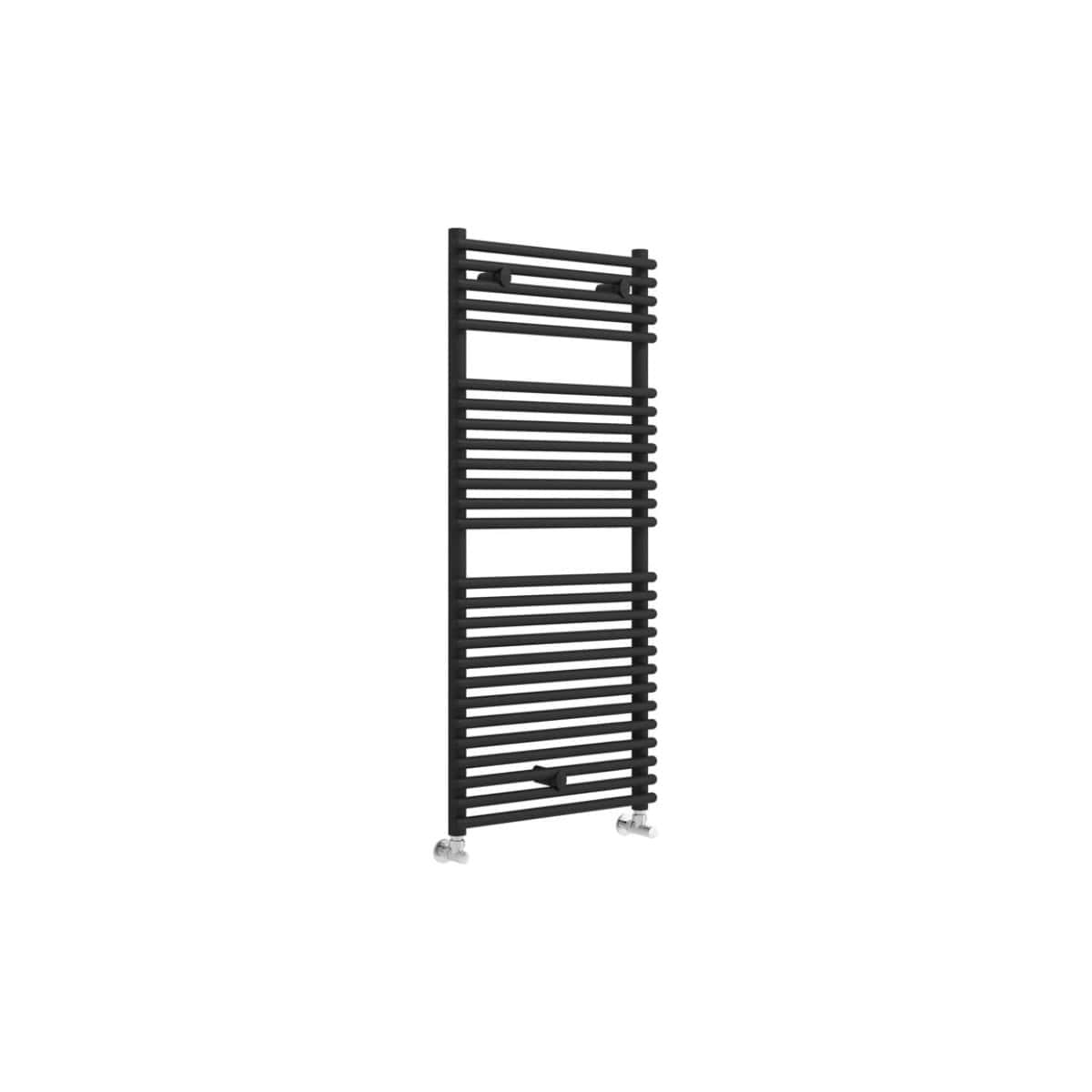 Sleek black heated towel rail for modern bathrooms, providing efficient warmth and towel drying functionality. Perfect for stylish and functional bathroom design.