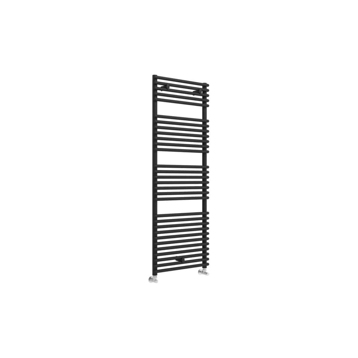 Slim black towel radiator for bathrooms, modern heated towel rail with vertical bars, perfect for coordinating bathroom heating and drying needs. Durable and stylish bathroom heating solution.