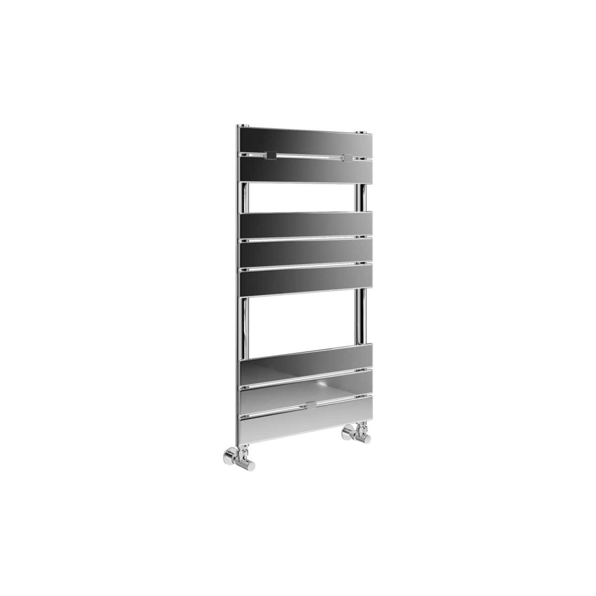 Sleek modern stainless steel bathroom radiator with horizontal panels, ideal for contemporary bathroom heating and towel drying solutions.