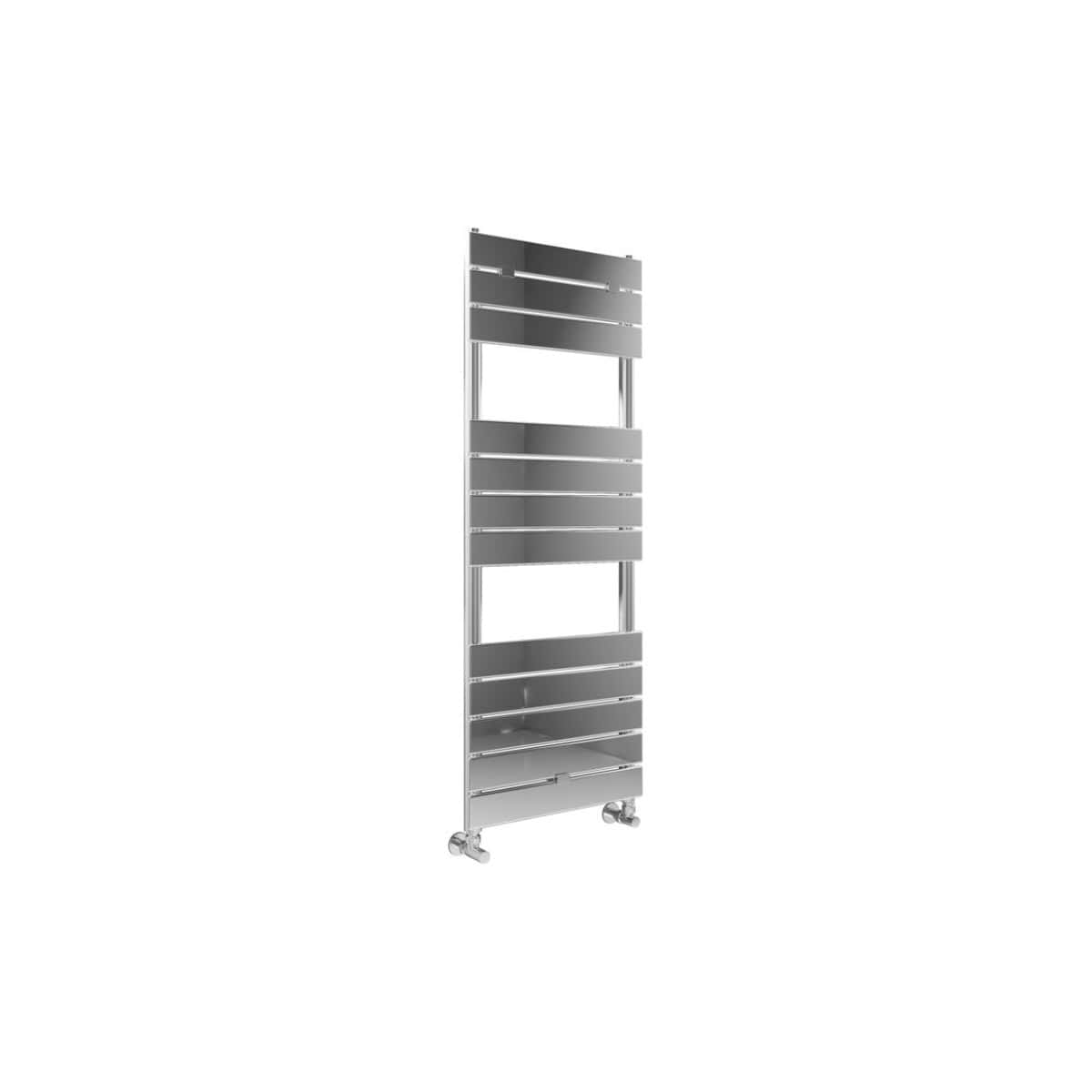 Polished stainless steel heated towel rail radiator with multiple horizontal bars for hanging towels, ideal for modern bathrooms, providing warmth and style.