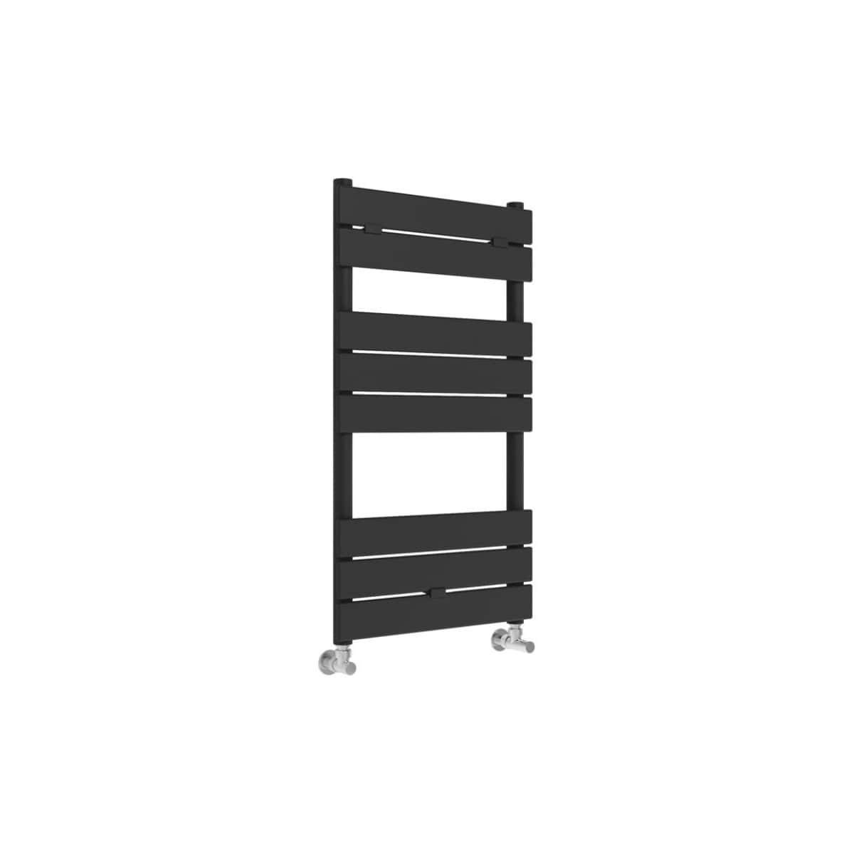 Modern black heated towel rail with wheels for easy installation and mobility in luxury bathroom interiors. Perfect for drying towels and providing warmth.