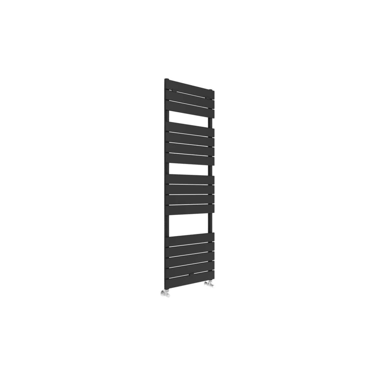Slender black towel radiator with horizontal slats, ideal for modern bathrooms and heated towel rail needs.