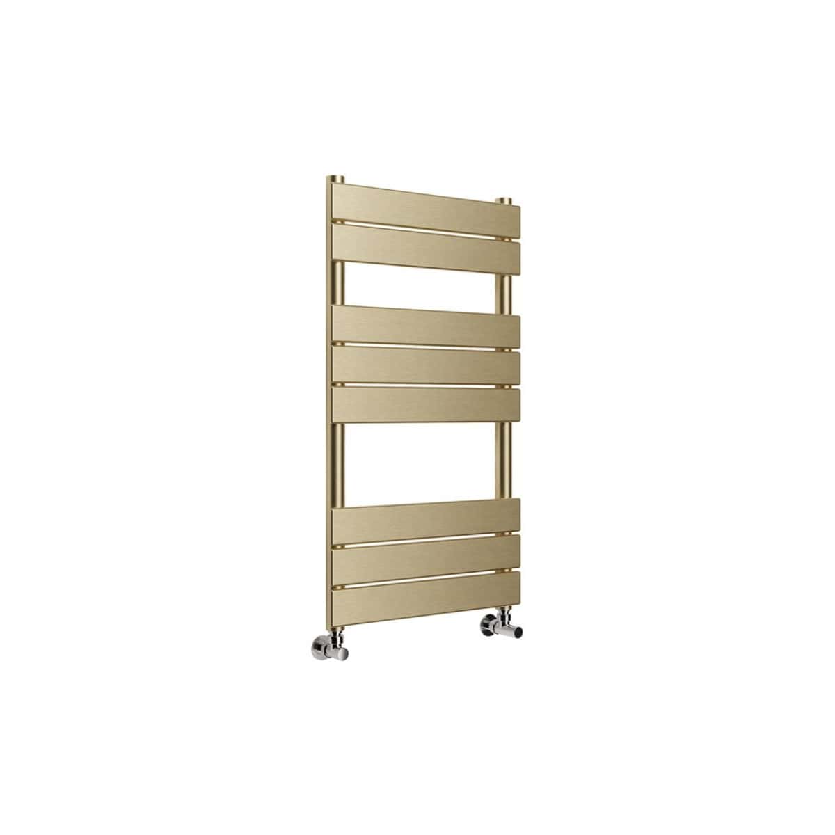 Svelte beige towel radiator with horizontal slats and caster wheels, ideal for modern bathrooms, providing efficient heating and towel drying solutions.